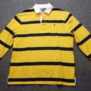 Polo Ralph Lauren Rugby Shirt Men’s Large Yellow Blue Striped Fleece Lined Pony